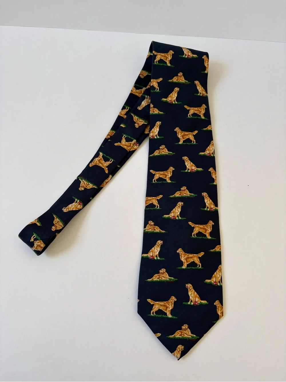 Alynn Neckwear Silk Tie Navy Blue Golden Retriever Novelty Print HandMade Dog